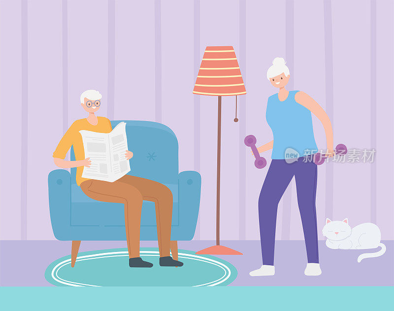 activity seniors, elderly couple in living room reading newspaper and lifting dumbbells